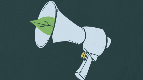 Illustration of a megaphone with a green leaf design on the side, symbolizing environmental activism, against a dark green background